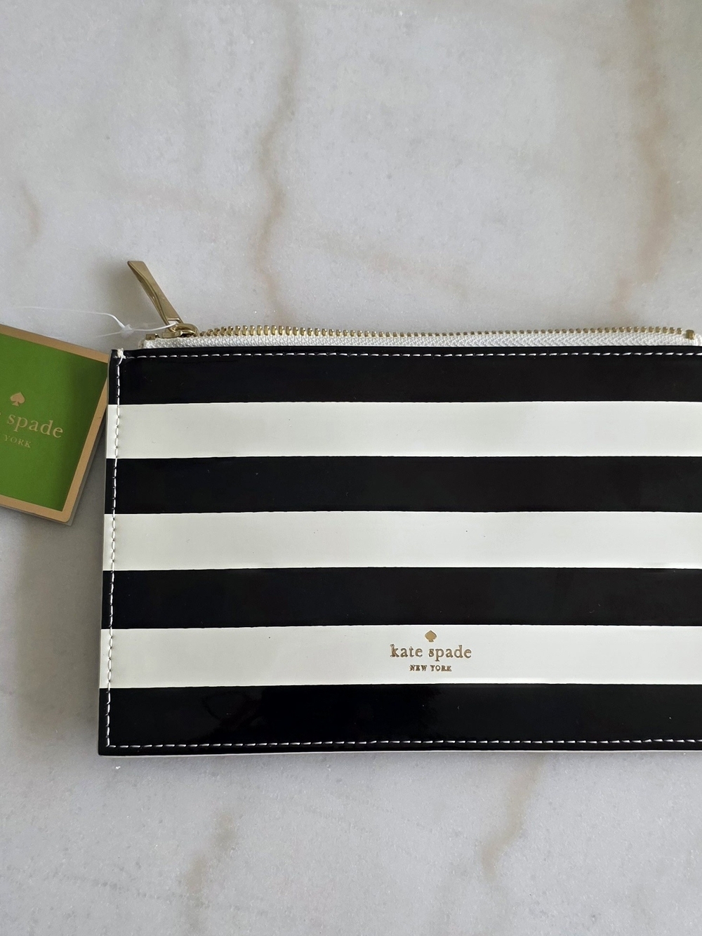 kate spade Black and White Stripe Zip Pouch with Gold Logo